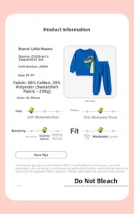 Detail specifications of blue cotton cartoon crocodile sweatshirt and pants set for boys