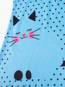 Cute sky blue girls' short sleeve dress with polka dots and large cat face graphic