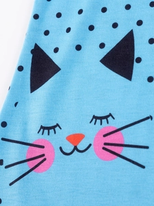 Blue short-sleeve girls' dress featuring a cute cartoon cat face and black polka dots
