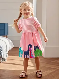 Girls Cotton Short Sleeve Dress Cartoon Animal Dinosaur Applique Pattern Striped Patchwork Summer Casual Outfit Kids Clothes