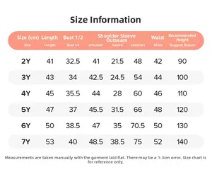 Detailed size chart for girls fall outfits featuring measurements for sizes 2Y to 7Y in cm