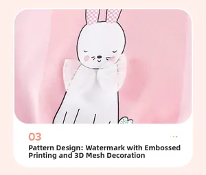Close-up of pink fabric with cartoon rabbit print and white mesh bow decoration