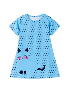 Short-sleeved blue A-line cotton dress with black polka dots and cartoon cat graphic