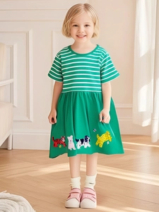 Girls green striped short sleeve dress with colorful cartoon animal patchwork embroidery