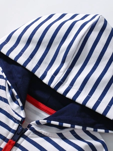 Girls' casual blue and white striped zip-up hoodie with hood detailing and contrast lining