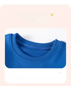 Detail of royal blue sweatshirt showing ribbed crewneck and durable flatlock seam stitching