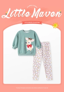 Detail of mint green toddler sweatshirt featuring a cute 3D deer embroidery and floral pants