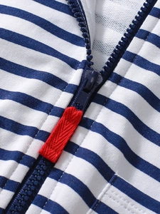 Toddler girl hooded striped outfit set with dark blue zipper and red fabric puller