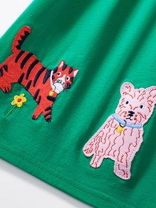 Girls green cotton dress featuring high-quality cartoon tiger and puppy embroidery