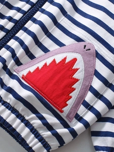 Girls striped long sleeve hoodie featuring cute shark embroidery and zip front design