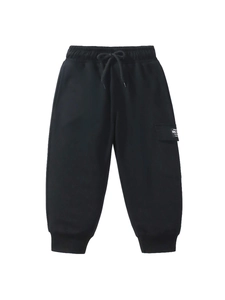 Girls black cotton jogger pants with elastic drawstring waist and ribbed cuffs for fall