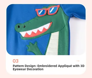 Detail of blue knit child sweatshirt featuring a green cartoon crocodile with red 3D glasses