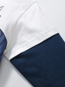 Cotton boys long-sleeve cartoon set featuring mock layered navy blue and white sleeves