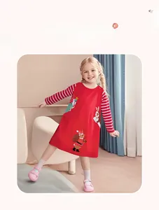 Robe rouge fille à manches rayées et motif de lapin festif en dessin animé