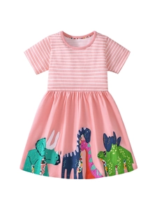 Pink striped cotton dress for girls featuring colorful cartoon dinosaur prints for summer