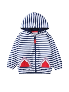 Toddler girl hooded jacket with blue and white stripes and cute shark shark tooth pockets