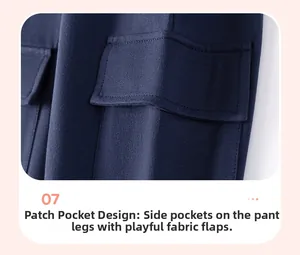 Detail of navy blue kids cargo pants showing a side pocket flap with double stitching