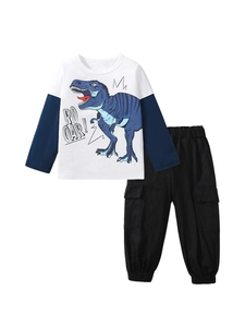 Toddler boys long sleeve dinosaur T-shirt and black cargo pants cotton two-piece set
