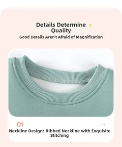 Detail of ribbed neckline and flatlock seaming on kids mint green fleece sweatshirt