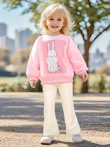 Girls Two Piece Outfit Set Fleece Lined Bunny Print Sweatshirt And Ribbed Flared Pants Autumn Winter Casual Clothes For Kids