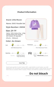 Detail view of purple unicorn sweatshirt and white joggers set with lace trim