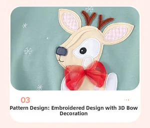 Close-up of mint green knit sweater with cartoon reindeer embroidery and red mesh bow