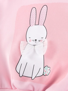 Pink girl's cotton sweatshirt featuring a 3D bunny print with mesh bow and floral details