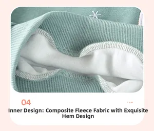 Close-up of girls' green sweater with white fleece lining and ribbed hem detail