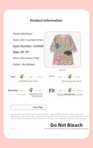 Guide des tailles et info tissu pour robe fille en coton avec broderie dinosaure