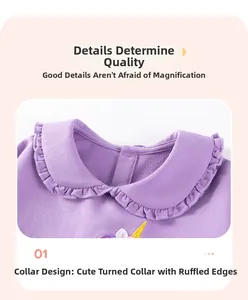 Close-up of Peter Pan collar with frill edge and unicorn embroidery on purple girl outfit