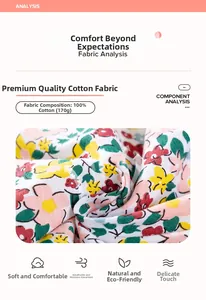 Détail de l'analyse du tissu floral 100% coton montrant une texture douce de 170g