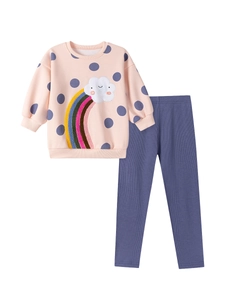 Sweat rose à pois avec broderie arc-en-ciel et legging côtelé violet pour fille