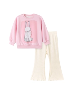 Pink toddler girls' set featuring long sleeve bunny sweatshirt and ribbed flare pants