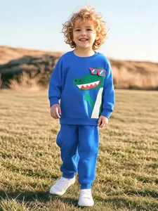 Kids Cotton Sweatshirt Pants Set Cartoon Crocodile Applique Long Sleeve Outfit Royal Blue Toddler Fall Two Piece Tracksuit