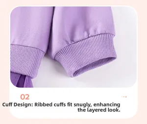 Detail of purple ribbed cuffs with mesh layering on a girl's autumn sweatshirt set