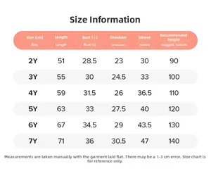 Detailed size chart for floral long sleeve girls' dress showing lengths in cm