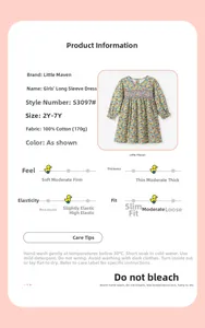 Detailed size chart and 100% cotton material specs for girls floral long sleeve dress