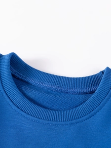 Close-up of blue cotton-blend sweatshirt showing ribbed crewneck and French Terry texture