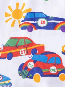 White long-sleeved cotton boy's T-shirt with vibrant colorful cartoon car prints