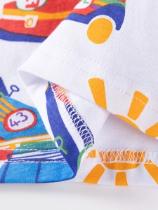 White cotton long-sleeve kids T-shirt with rainbow car print and fine stitching details