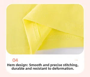 Detail of double-needle stitching and smooth hemline on bright yellow cotton kids' T-shirt