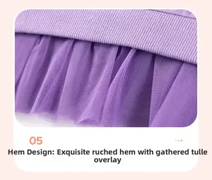 Detailed view of girls purple rib knit hem with pleated tulle mesh patchwork design
