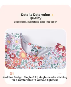 Detail of floral girl's dress neckline with single-needle sewing and small button