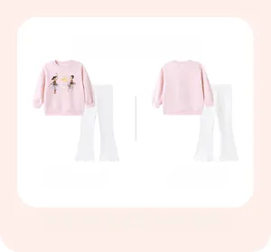 Vue avant et arrière du sweat rose à imprimé ballet et pantalon évasé blanc pour fille