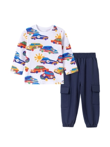 Boys white cotton long sleeve t-shirt with colorful car prints and navy cargo pants