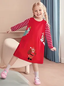 Robe de Noël en Coton Rouge pour Filles Manches Longues Rayé Patchwork Dessin Animé Animal Appliqué Broderie Tenue de Fête