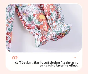 Close-up of elastic ruffled cuffs with vibrant floral print on girl cotton dress