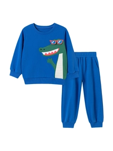 Kids long sleeve royal blue sports tracksuit with green cartoon crocodile embroidery