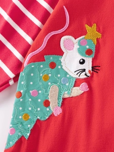 Robe rayée à manches longues pour fille avec un joli détail de broderie de souris