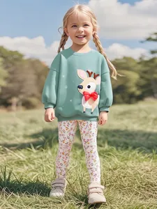 Girls Cute Reindeer Applique Fleece Lined Sweatshirt And Floral Pants Set Warm Cotton Blend Long Sleeve Two Piece Outfit